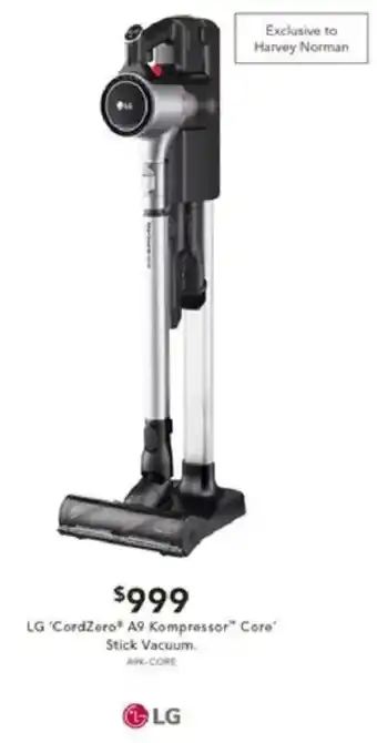 Harvey Norman LG 'CordZero® A9 Kompressor" Core Stick Vacuum. offer