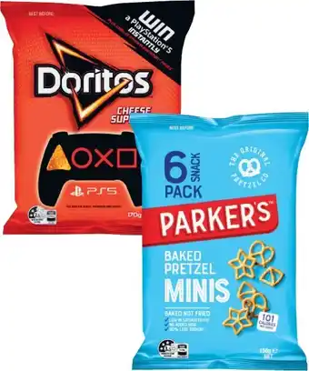 Coles Doritos Corn Chips 150g-170g or The Natural Chip Co. Potato Chips 175g or Parkeru2019s Pretzels 6 Pack 150g or Calbee Harvest offer