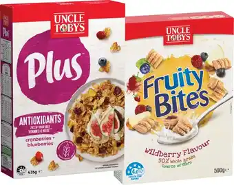 IGA Uncle Tobys Plus Cereal 410‑435g or Fruity Bites Wildberry Flavour 500g Selected Varieties offer