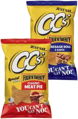 IGA CC’s Four’N Twenty Sausage Roll & Sauce or Classic Meat Pie Corn Chips 175g offer