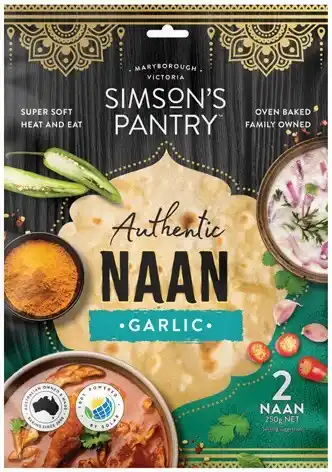 IGA Simson’s Pantry Traditional or Garlic Naan 250g offer