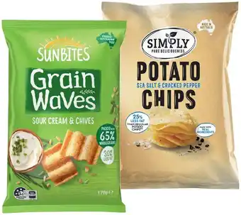 IGA Sunbites Grain Waves Wholegrain Chips 170g, Simply Chips 120g or Popcorners 130g Selected Varieties offer