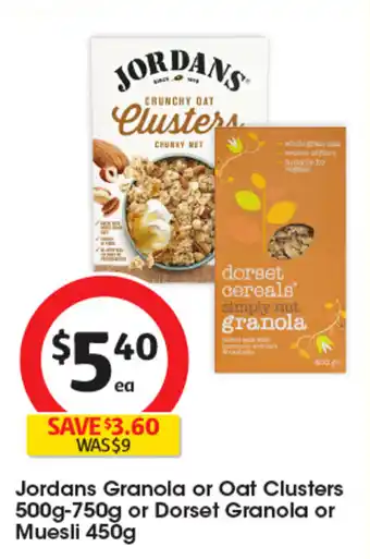 Coles Jordans Granola or Oat Clusters or Dorset Granola or Muesli offer