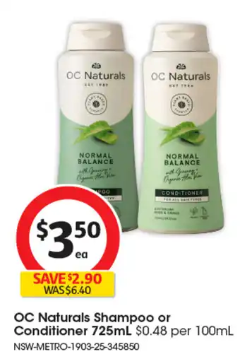 Coles OC Naturals Shampoo or Conditioner offer