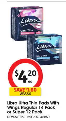 Coles Libra Ultra Thin Pads With Wings Regular offer