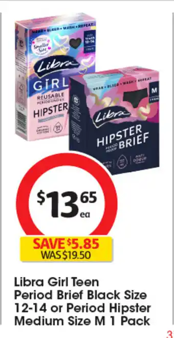 Coles Libra Girl Teen Period Brief Black or Period Hipster offer