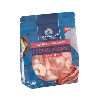 Woolworths Just Caught Peeled and Deveined Cooked Prawns Tail On 300g – From the Seafood Freezer offer