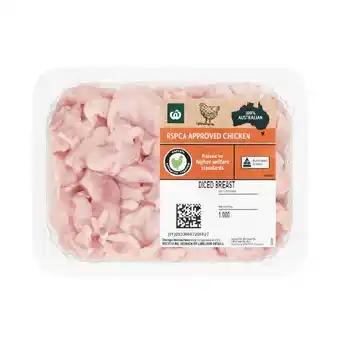 Woolworths Australian Fresh RSPCA Approved Diced Chicken Breast 1 kg – From the Meat Dept offer