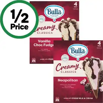 Woolworths Bulla Cones or Sandwiches 520-560ml Pk 4 – From the Freezer offer