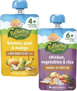 Coles Rafferty's Garden 4+ Months, 6+ Months or 8+ Months Baby Food Pouch 120g offer