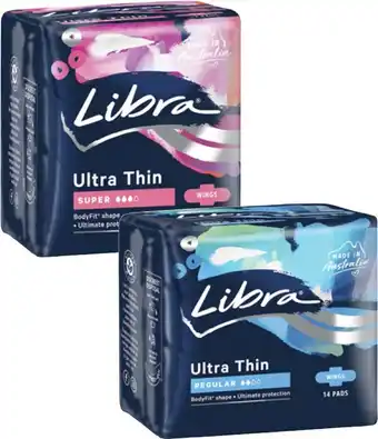 Coles Libra Ultra Thin Pads With Wings Regular 14 Pack or Super 12 Pack offer