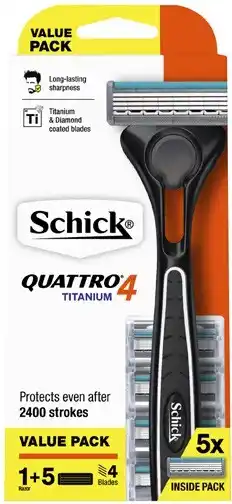 Coles Schick Quattro 4 Titanium Razor Kit with 5 Refill Blades 1 Pack offer