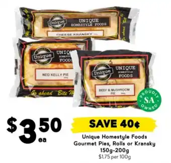 Drakes Unique Homestyle Foods. Gourmet Pies, Rolls or Kransky offer