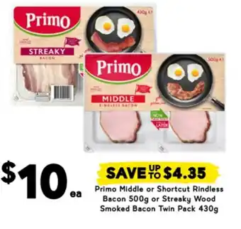 Drakes Primo Middle or Shortcut Rindless Bacon or Streaky Wood Smoked Bacon Twin Pack offer