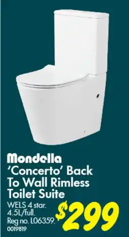 Bunnings 'Concerto' Back To Wall Rimless Toilet Suite offer