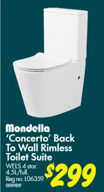 Bunnings 'Concerto' Back To Wall Rimless Toilet Suite offer