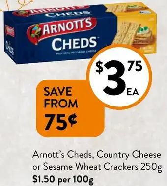 Foodworks Arnott's Cheds, Country Cheese or Sesame Wheat Crackers offer