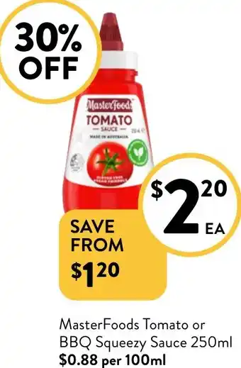 Foodworks MasterFoods Tomato or BBQ Squeezy Sauce offer