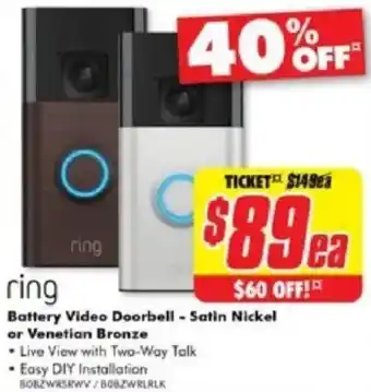 The Good Guys Battery Video Doorbell - Satin Nickel or Venetian Bronze offer