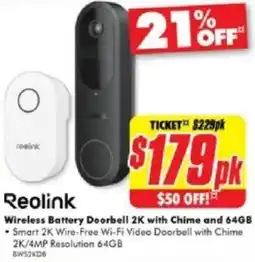 The Good Guys Wireless Battery Doorbell 2K with Chime and 64GB offer