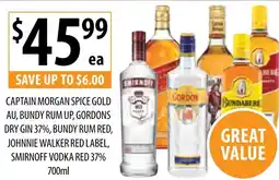 Supabarn CAPTAIN MORGAN SPICE GOLD AU, BUNDY RUM UP, GORDONS DRY GIN 37%, BUNDY RUM RED, JOHNNIE WALKER RED LABEL, SMIRNOFF VODKA RED offer