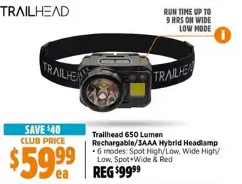 Anaconda Trailhead 650 Lumen Rechargable/3AAA Hybrid Headlamp offer