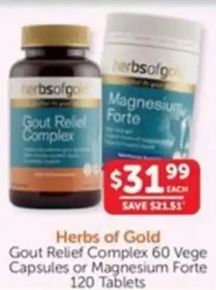 WHOLELIFE catalogue Herbs of Gold Gout Relief Complex 60 Vege Capsules or Magnesium Forte offer