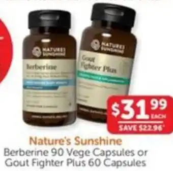 WHOLELIFE catalogue Nature's Sunshine Berberine 90 Vege Capsules or Gout Fighter Plus offer