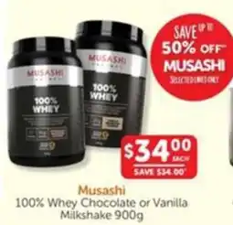 WHOLELIFE catalogue Musashi 100% Whey Chocolate or Vanilla Milkshake offer