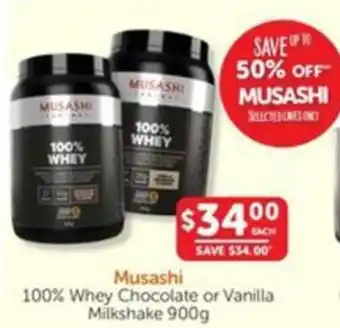 WHOLELIFE catalogue Musashi 100% Whey Chocolate or Vanilla Milkshake offer