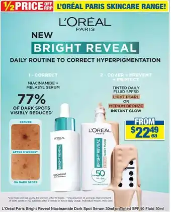 My Chemist L'Oréal Paris Bright Reveal Niacinamide Dark Spot Serum or Tinted SPF 50 Fluid offer