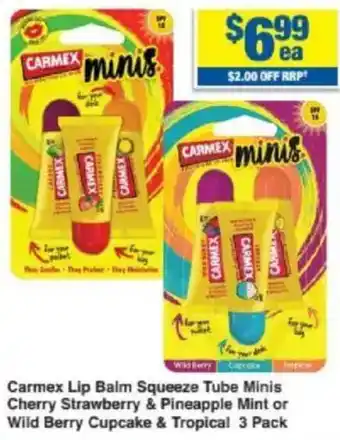 My Chemist Carmex Lip Balm Squeeze Tube Minis Cherry Strawberry & Pineapple Mint or Wild Berry Cupcake & Tropical offer