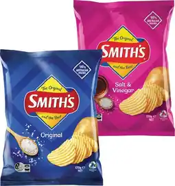 IGA Smith’s Crinkle Cut Chips 150-170g or Double Crunch Chips 150g Selected Varieties offer