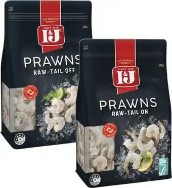 Coles I&J Raw Peeled Prawns Tail On or Off 500g offer