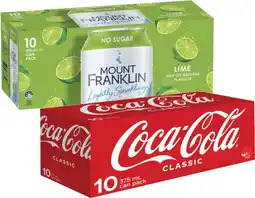 Coles Coca-Cola or Mt Franklin Lightly Sparkling Water Cans 10x375mL offer