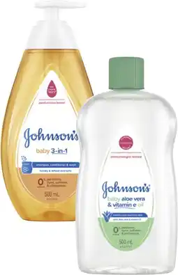 Coles Johnson's Baby 3-in-1 Wash or Aloe Vera Baby Oil 500mL offer