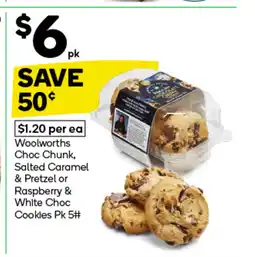 Woolworths Woolworths Choc Chunk, Salted Caramel & Pretzel or Raspberry & White Choc Cookies offer