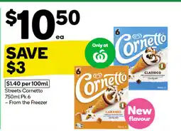 Woolworths Streets Cornetto 750ml Pk 6 offer