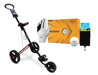 Drummond Golf Trident cruiser buggy, callaway warbird 12pk balls, callaway weather spann glove, golfcraft jumbo towel offer