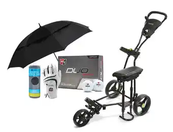 Drummond Golf Triumph trilogy buggy, wilson duo soft plus 12pk balls, wilson 2018 grip plus glove, golfcraft microfibre towel, golfcraft 68 offer