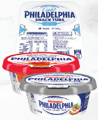 Drakes Philadelphia cream cheese snack tubs 136g, cream cheese spread 140g, cream cheese 130g or pourover 150g offer