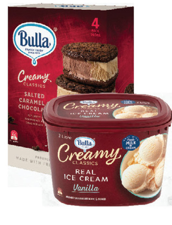 Drakes Bulla creamy classic ice cream 2lt, ice cream sticks or sandwich 4 pack offer