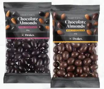 Drakes Drakes milk or dark chocolate almonds 400g offer