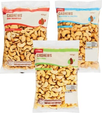 Coles Coles Natural, Dry Roasted or Roasted & Salted Cashews 400g Pack offer