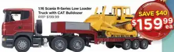Toyworld 1:16 Scania R-Series Low Loader Truck With CAT Bulldozer offer