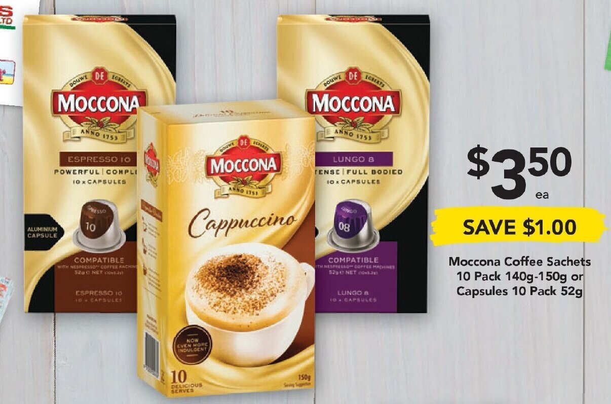 Moccona Coffee Sachets 10 Pack 140g150g or Capsules 10 Pack 52g offer