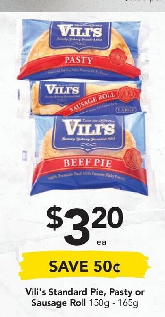 Drakes Vili's Standard Pie, Pasty or Sausage Roll 150g-165g offer