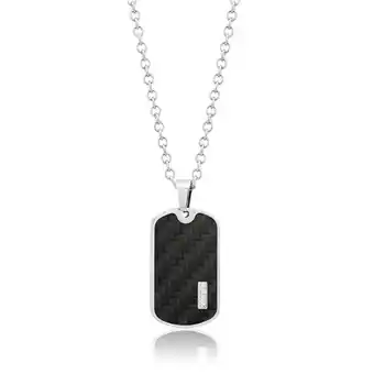 Shiels Forte stainless steel carbon fibre & cubic zirconia dog tag pendant with 55cm chain offer