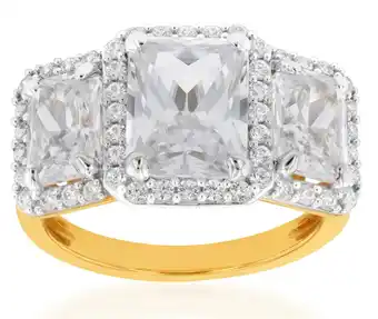 Shiels 9ct yellow gold emerald cut trilogy halo ring offer