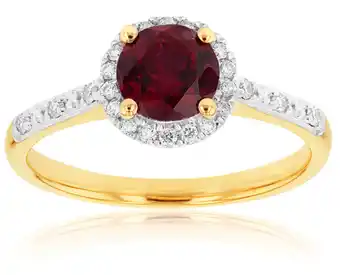 Shiels 9ct yellow gold 6mm created ruby and diamond halo ring offer